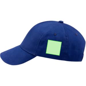 A navy cap featuring a square area for branding or customisation. The cap has a curved brim and a button on top.