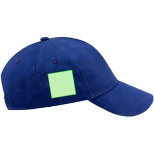 A navy blue cap featuring a square patch area for branding. The cap has a curved brim and an adjustable strap.
