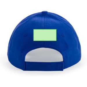A blue cap with an adjustable strap at the back. The back features a blank area and a logo.