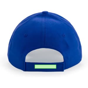 A blue cap featuring a rear adjustable strap and a branding logo.
