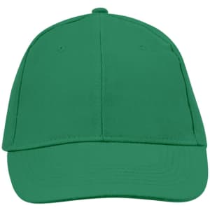 A green cap with a structured front and a curved brim, featuring an embroidered logo on the front.