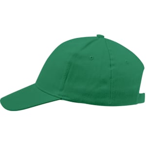 A green cap with a curved brim and adjustable strap, featuring a logo on the side.