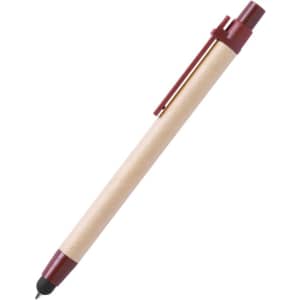 A stylus touch ball pen in a light wooden finish with maroon accents and a clip.