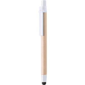 A natural wood stylus touch ball pen with a white clip and black tip. The pen features a logo.