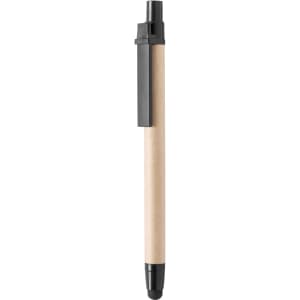 A beige ballpoint pen with a black clip and tip, featuring a stylus at the opposite end.