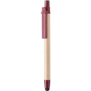A red stylus touch ball pen with a wooden barrel and a clip. It features a stylus tip for touchscreen use.