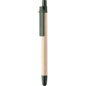 A green and beige stylus touch ball pen, featuring a clip and a soft touch tip for screen use.