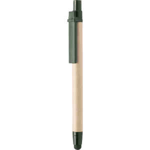 A green stylus touch ball pen with a beige barrel and a clip. The pen features a logo design.