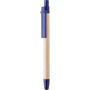 A blue stylus touch ball pen with a brown barrel and a clip. Features a soft tip for touchscreens.