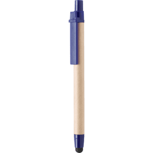 A blue stylus touch ball pen with a kraft paper barrel and a clip for easy attachment.