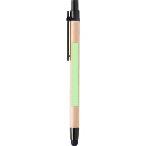 A stylus touch ball pen in light wood and black, featuring a logo and a green section for custom branding.
