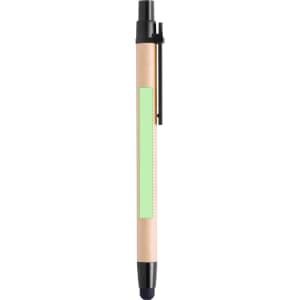 A wooden stylus touch ball pen with a black clip and tip, featuring a green accent area.