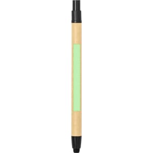 A ballpoint pen with a natural wood body and a green accent. It features a stylus tip and has a logo.