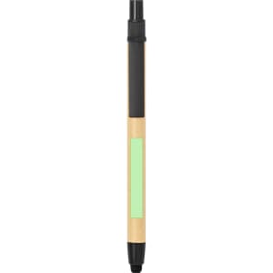 A stylus touch ball pen featuring a wooden body with black accents and a green section for branding.