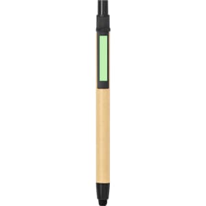 A stylus touch ball pen with a natural bamboo barrel, black accents, and a green section for branding.