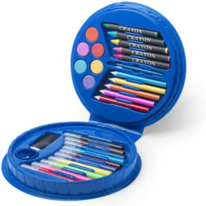 A blue pencil case containing crayons, coloured pencils, markers, and a sharpener, all organised neatly inside.