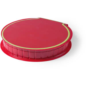 A round red pencil case with a decorative gold trim and a textured base, featuring a logo on the surface.