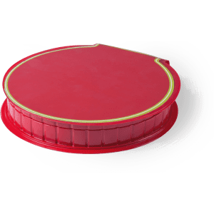 A red pencil case with a circular shape and decorative trim, featuring a brand logo.