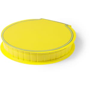 A round yellow pencil case featuring a textured design and a silver trim along the edge.