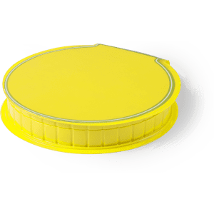 A yellow pencil case with a rounded design, featuring a logo on the surface.