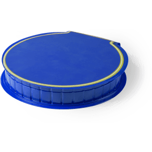 A blue circular pencil case with a textured surface and a yellow decorative line around the edge.