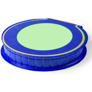 A round, blue pencil case with a green circular section in the centre and a subtle design. It features a logo.
