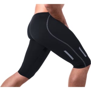 Black sports shorts with reflective details, featuring a fitted design and stretchable fabric.