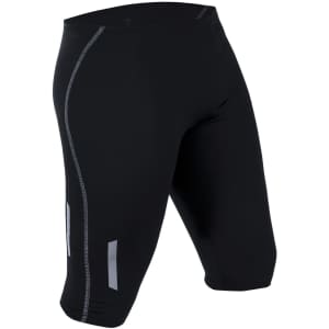 Black sports shorts with a form-fitting design, featuring reflective detailing and a logo. Ideal for athletic activities.