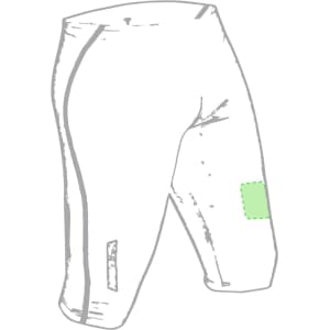 A pair of sports shorts in grey with a green patch, featuring a logo on the side.