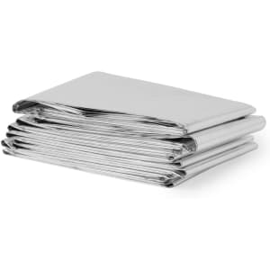 A stack of shiny silver thermal blankets, neatly folded and stacked on top of each other, with a sleek finish.