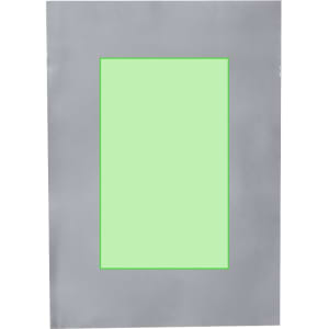 A grey space blanket with a bright green centre. The blanket has a logo on its surface.