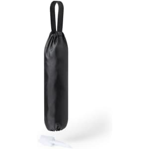 A black plastic bag holder with two hanging straps and a white clip at the bottom.