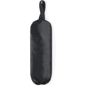 A black plastic bag holder with a looped handle for easy hanging. It has a smooth, sleek finish.