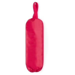 A red Doxen Plastic Bag Holder with a hanging loop, designed for storing plastic bags.