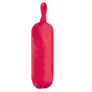 A red plastic bag holder with a loop for hanging, designed for storing and organising bags.