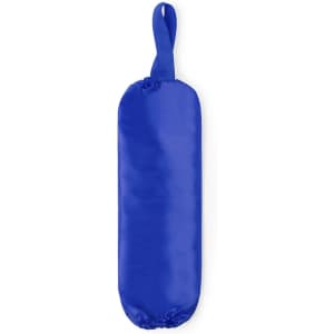 A blue plastic bag holder with a loop for hanging. The surface is smooth and has a simple design.