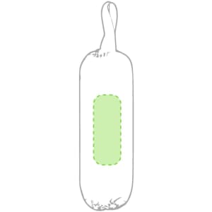 A green and white plastic bag holder with a loop at the top and a mesh window design. It features a branded logo.