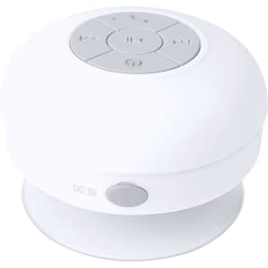 A round, white speaker with a grey control panel on top and a suction base at the bottom.
