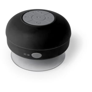 A round black speaker with a suction base, featuring control buttons on top and a small logo.
