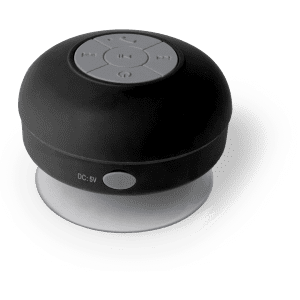 A black Rariax Speaker with a circular design and control buttons on top, set on a white surface.