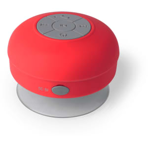 A red Rariax speaker with a rounded design, featuring control buttons and a silver base.
