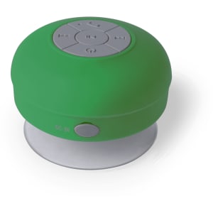 A green Rariax Speaker with a grey control panel on top and a suction base for mounting.