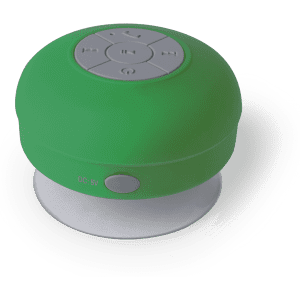 A green Rariax Speaker with a suction base and control buttons on top. It features a simple design and has branding.