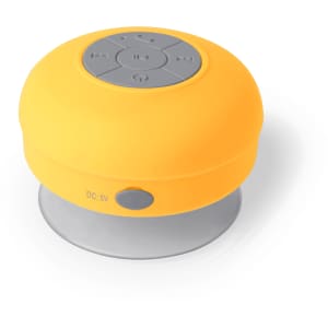 A round, yellow Rariax speaker with a grey control panel and a suction base for secure placement.