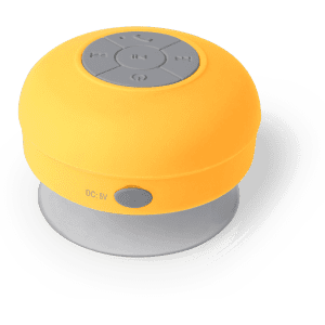 A yellow Rariax Speaker with a circular design and control buttons on the top, featuring a transparent base.
