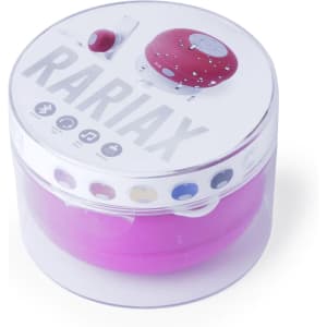 A pink Rariax speaker packaged in a clear container, featuring a design on the lid and a logo.