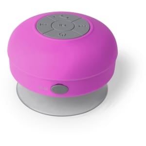 A pink Rariax speaker with a suction cup base and control buttons on the top. It features a logo on the side.
