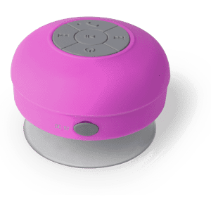 A pink speaker with a round shape and control buttons on top, featuring a suction bottom for attachment.