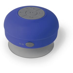 A blue Rariax Speaker with a round, rubbery exterior and a grey control panel on top. It has a suction base.