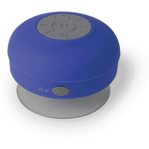 A blue Rariax speaker with a rounded design and control buttons on the top, featuring a logo on the side.